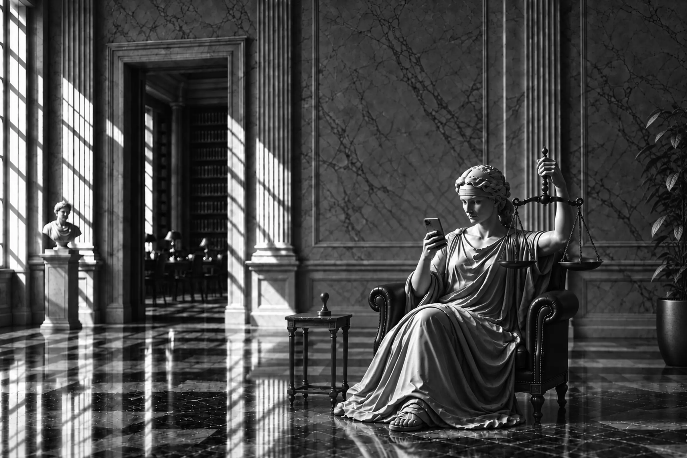 Statua della Giustizia trattata nei toni blu istituzionali