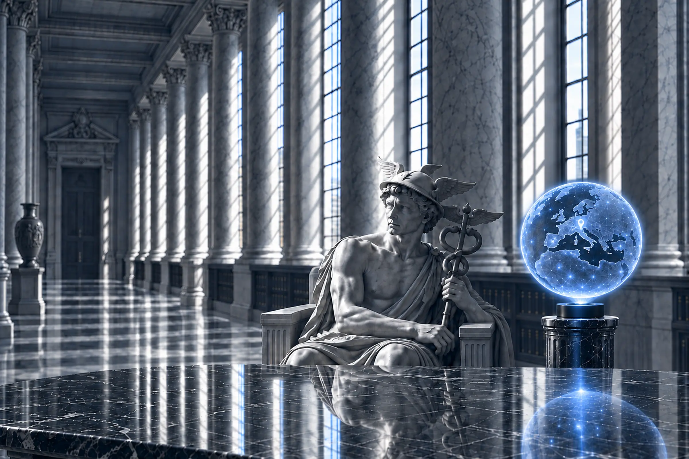 Statua di Ermete trattata nei toni blu istituzionali
