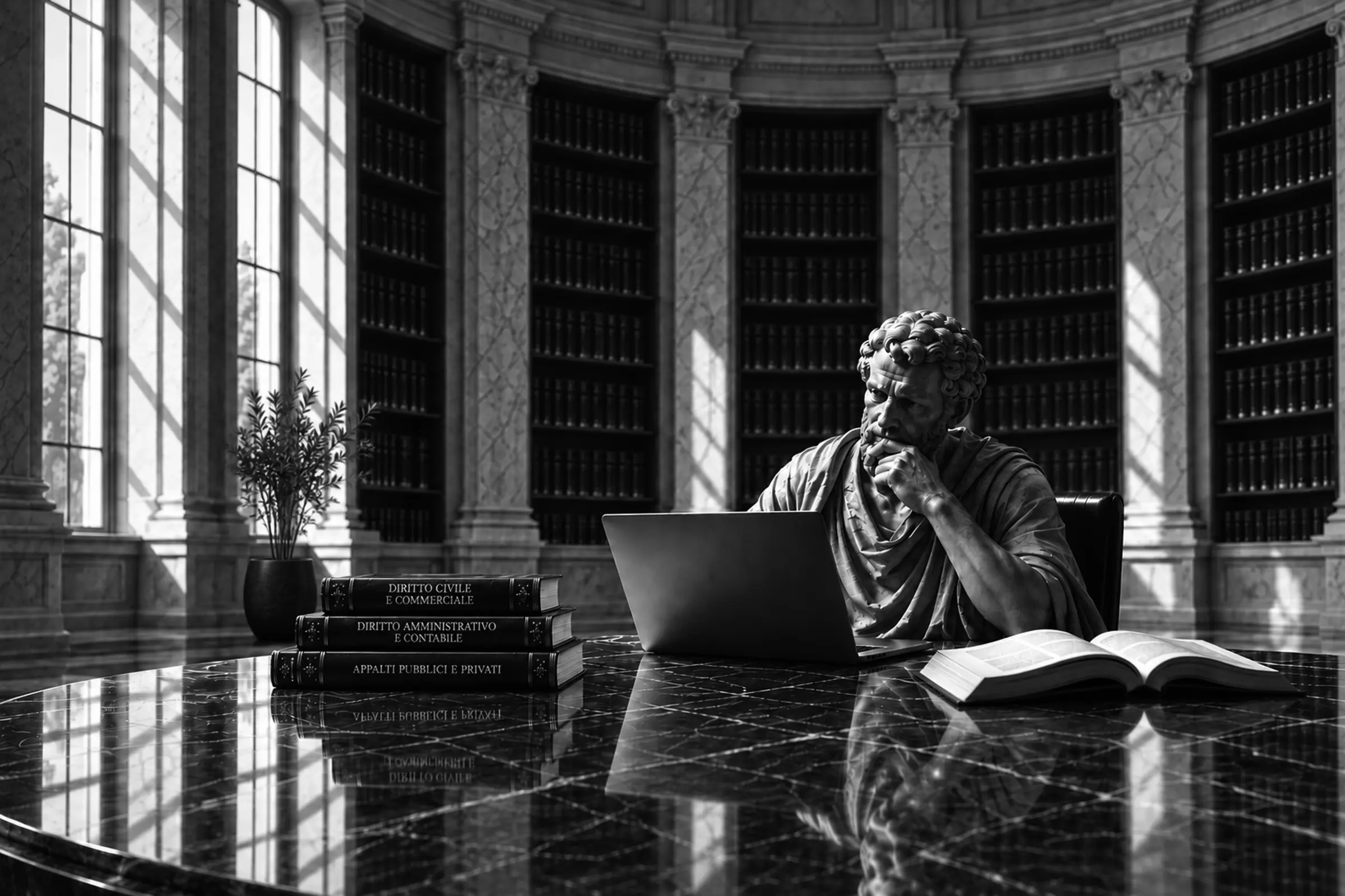 Statua di Cicerone trattata nei toni blu istituzionali